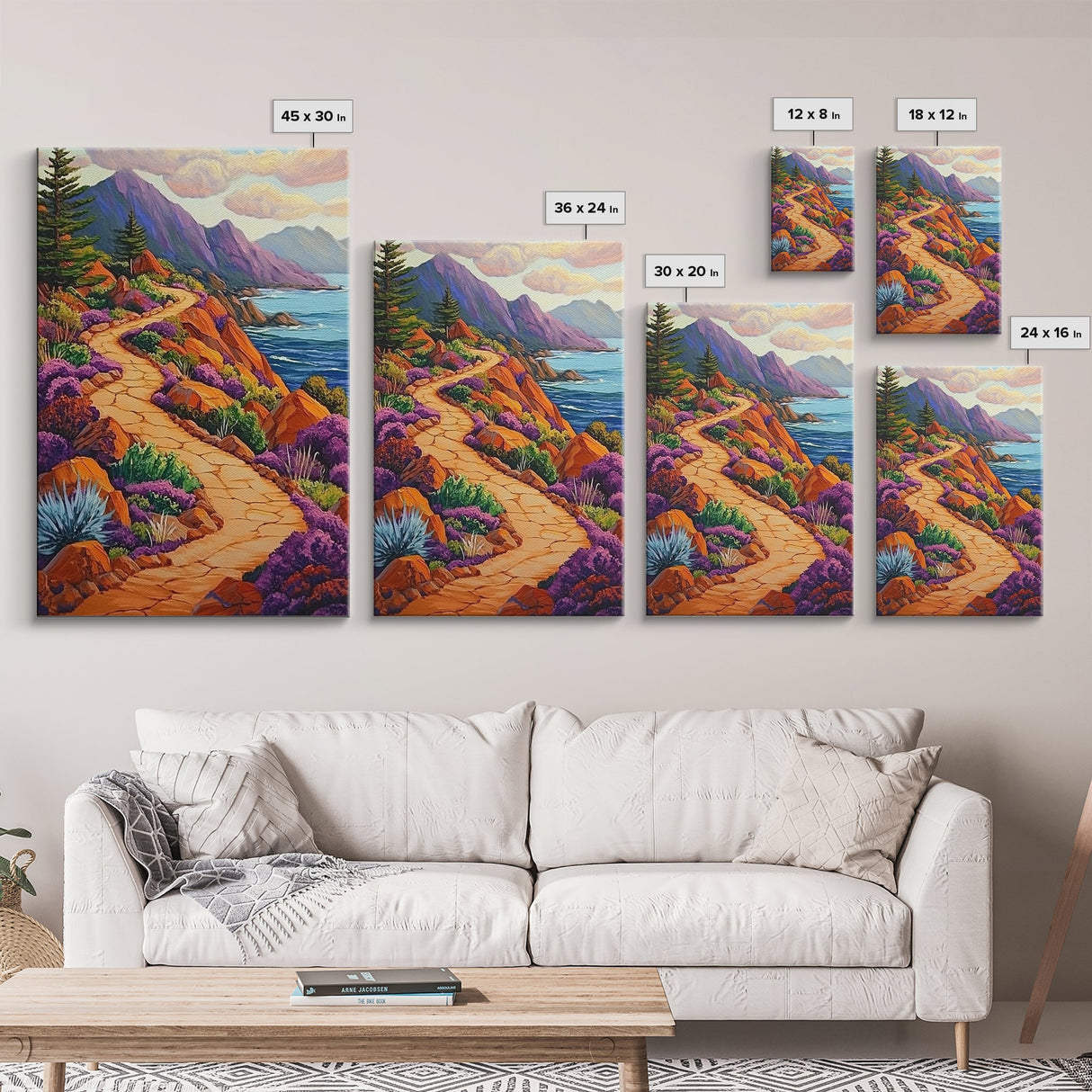 Winding Trail, Ocean Cliffs, Coastal Landscape, Mountain View, Framed Canvas Print, rustic wall art, cabin decor, colorful nature painting