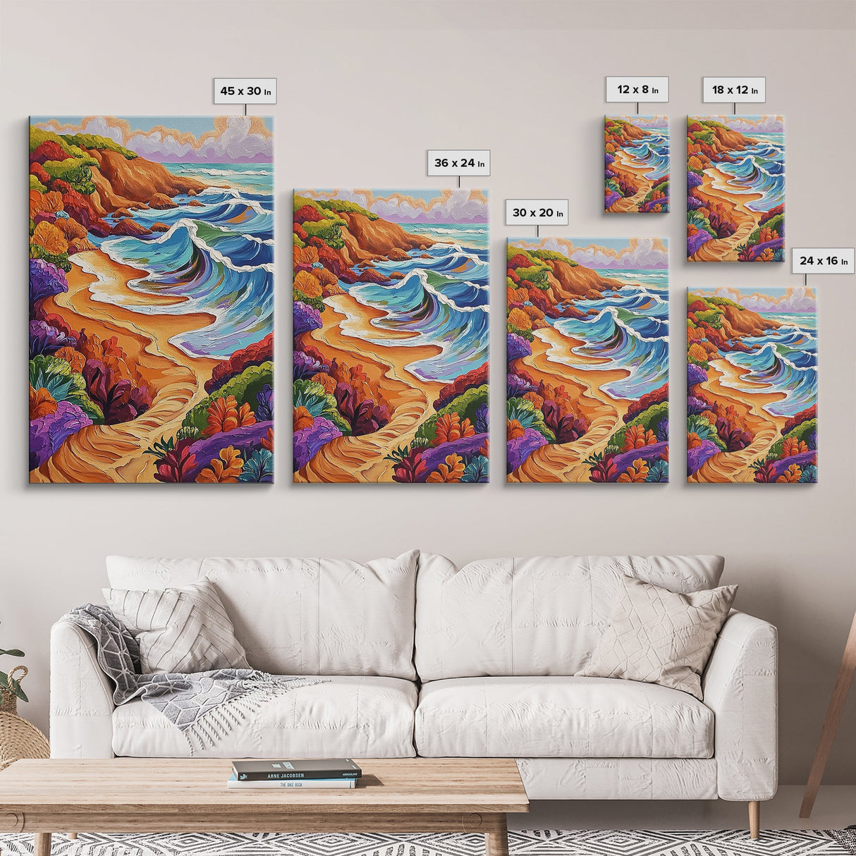 Colorful Beach, Tropical Waves, Vibrant Landscape, Coastal Flowers, Framed Canvas Print, boho art, sunroom wall decor, beach house painting