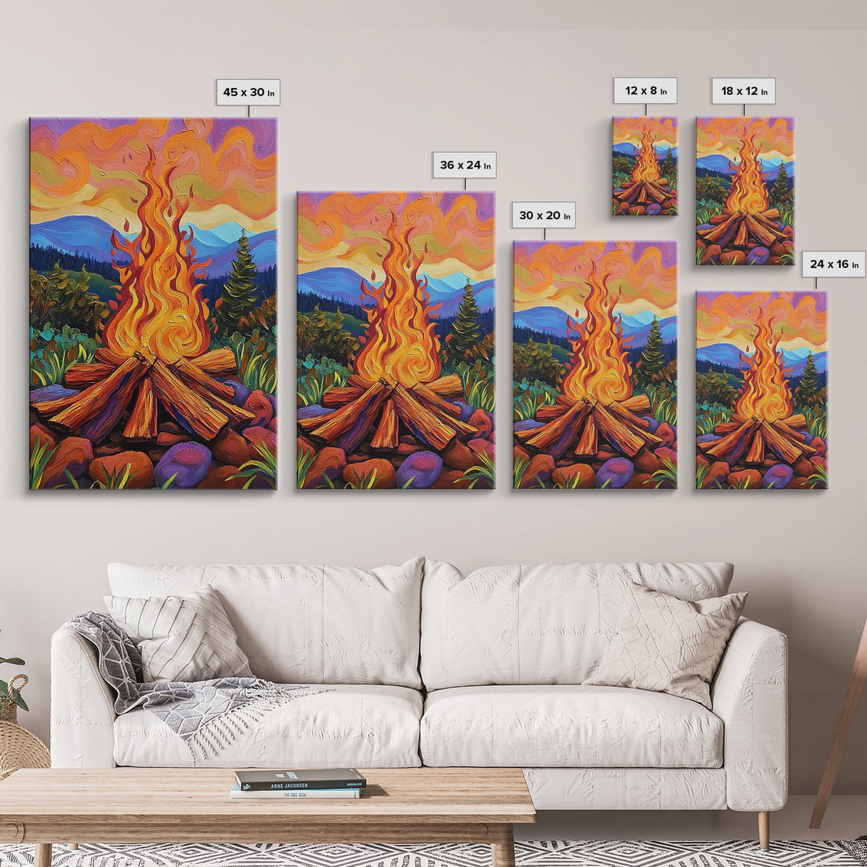 Flames Forest, Dusk, Firelight, Framed Canvas Print rustic bonfire wall art, forest painting, Autumn cabin decor, cozy living room wall art