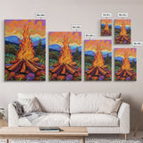 Flames Forest, Dusk, Firelight, Framed Canvas Print rustic bonfire wall art, forest painting, Autumn cabin decor, cozy living room wall art