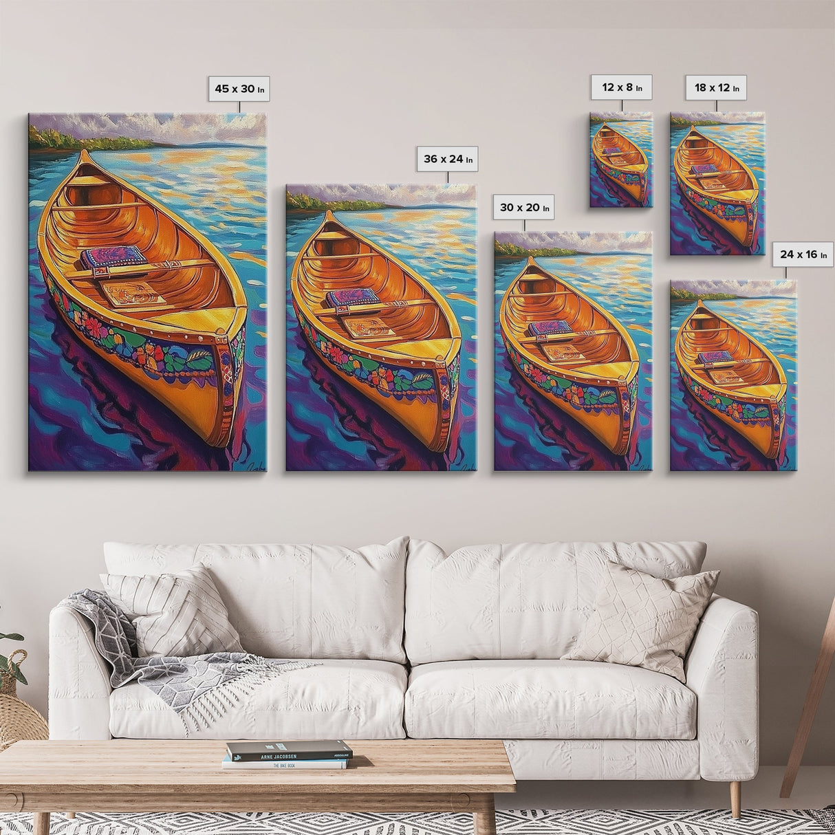 Canoe Tranquil, Reflection, Water, Canvas Print, vibrant lake, boat painting, colorful water art, lakehouse decor, boho bedroom wall art