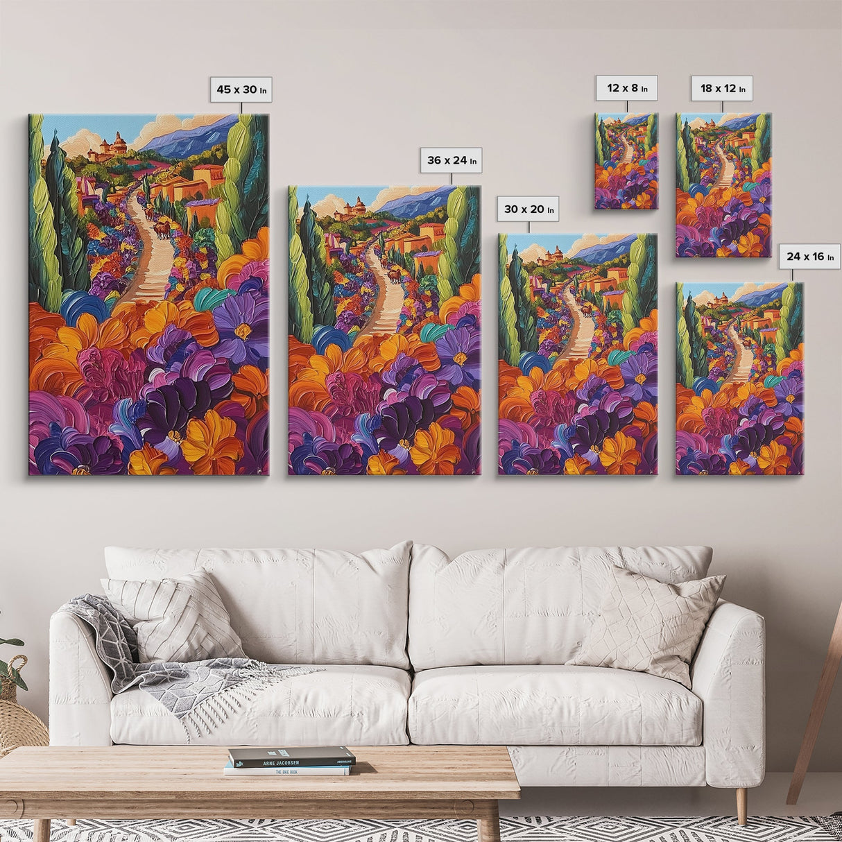 Village Flowers Path, Scenic Country Road Painting, Framed Canvas Print, Whimsical Boho Art, Kitchen Wall Decor, Mediterranean Style