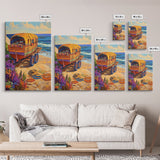 Wagon Ocean, Boho, Beach Scene With Hat Art, Framed Canvas Print, Eclectic Living Room Wall Art, Summer Coastal Decor, Vibrant Colors