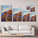 Autumn Cliffside, Trail, Ocean, Framed Canvas Print, fall coastal landscape, boho mountain decor, bold colors, seasonal Living Room art