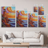 Lighthouse Sunset, Waves, Dramatic Coastal Sunset, Framed Canvas Print, Nautical Office Wall Art, Fall Coastal Decor, Bold Color Painting