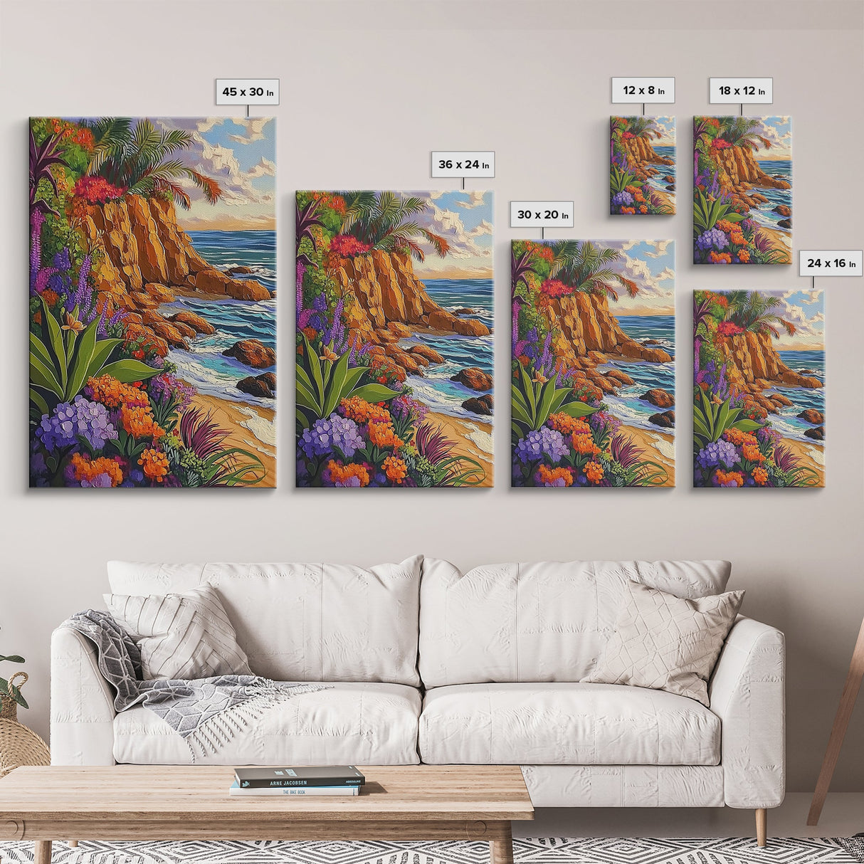 Tropical Coast, Flowers, Waves, Framed Canvas Print vibrant beach cliff wall art, coastal botanical boho decor, Living Room Wall Art