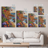 Tropical Coast, Flowers, Waves, Framed Canvas Print vibrant beach cliff wall art, coastal botanical boho decor, Living Room Wall Art