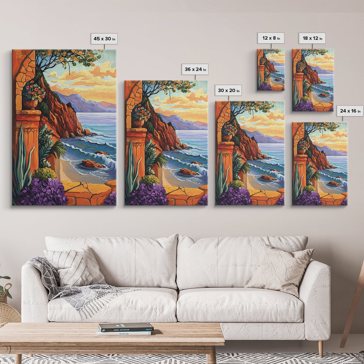 Seaside Terrace, Sunset Florals, Framed Canvas Print romantic ocean view artwork, Mediterranean decor, Kitchen Wall Art, rustic art