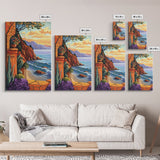 Seaside Terrace, Sunset Florals, Framed Canvas Print romantic ocean view artwork, Mediterranean decor, Kitchen Wall Art, rustic art