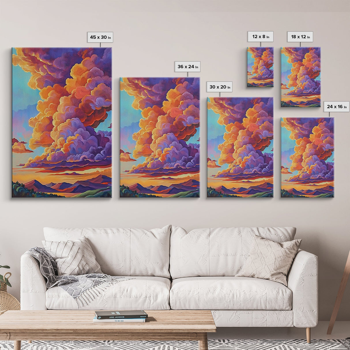 Clouds Sunset, Skies, Mountains, Framed Canvas Print dramatic sky art, colorful cloudscape painting, Bedroom Wall Art, dreamy wall decor