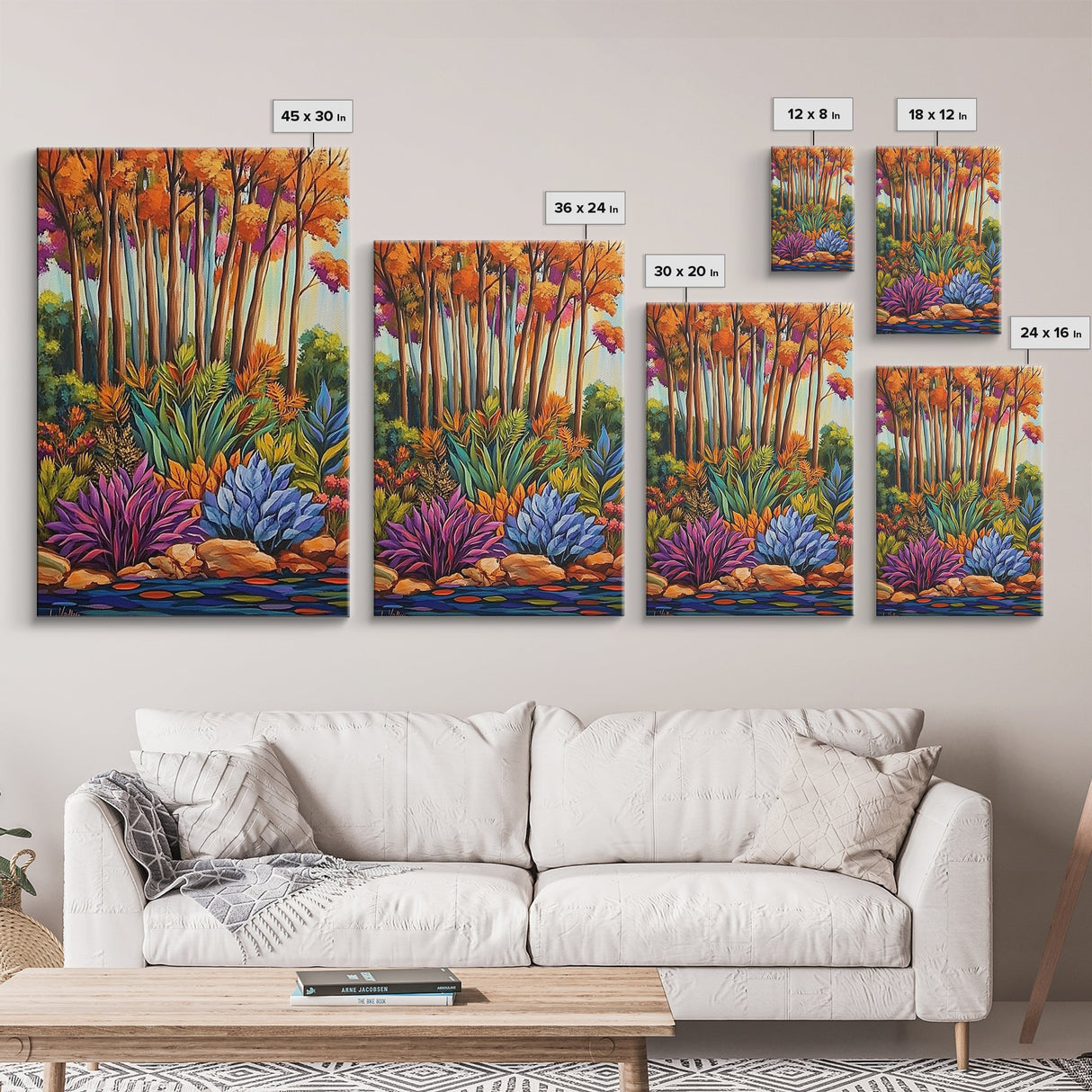 Autumn Forest, Leaves Colorful, Framed Canvas Print bright fall foliage nature painting, botanical boho forest scene, Kitchen Wall Art