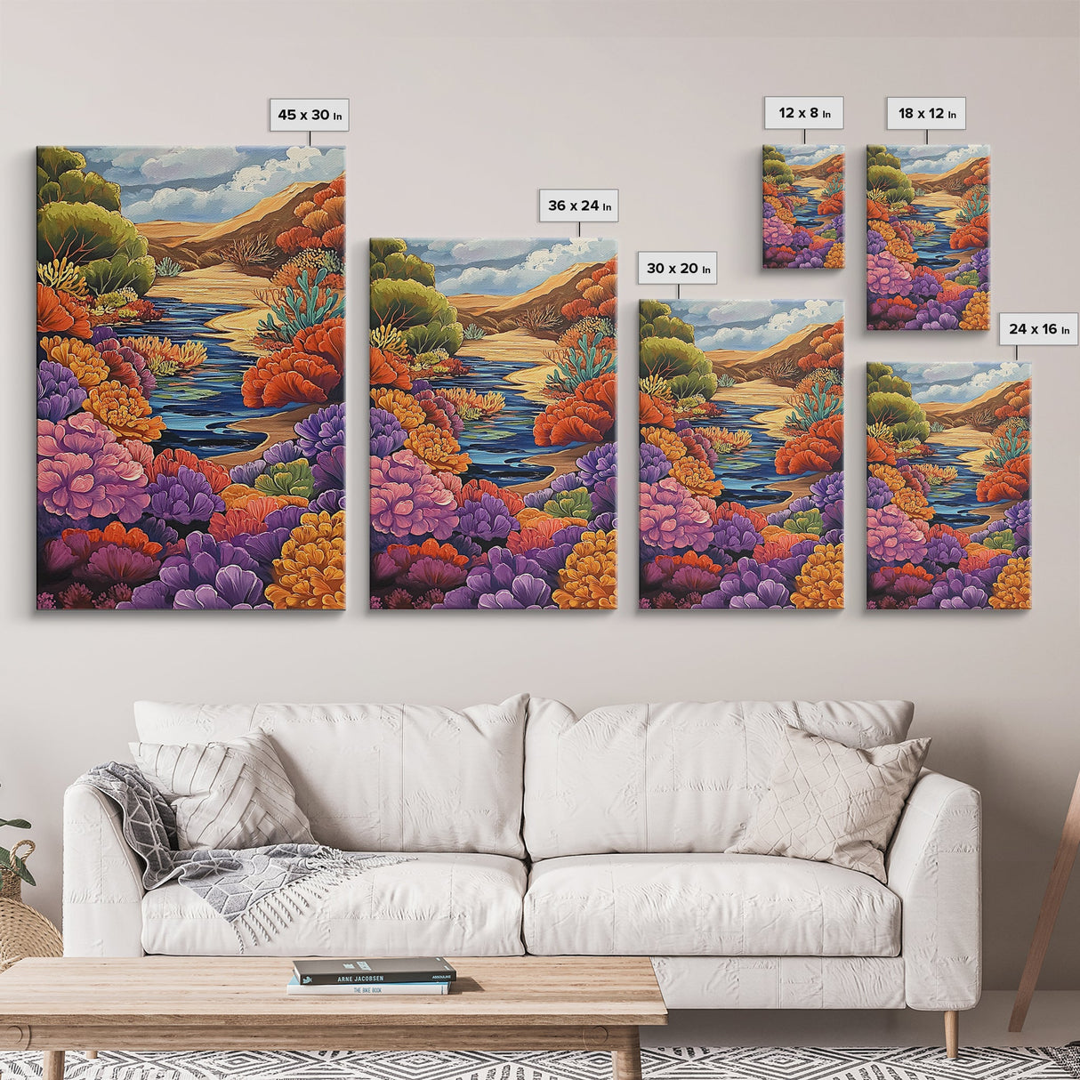 River, Desert, Floral, Art, Canvas Print, Colorful floral river scene with desert hills, perfect bedroom or hallway Southwestern wall art