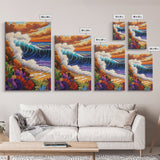 Wave Bold, Ocean, Sunset, Framed Canvas Print, Sunset surf wave crashing on rocks with bold colors, perfect beach house wall art