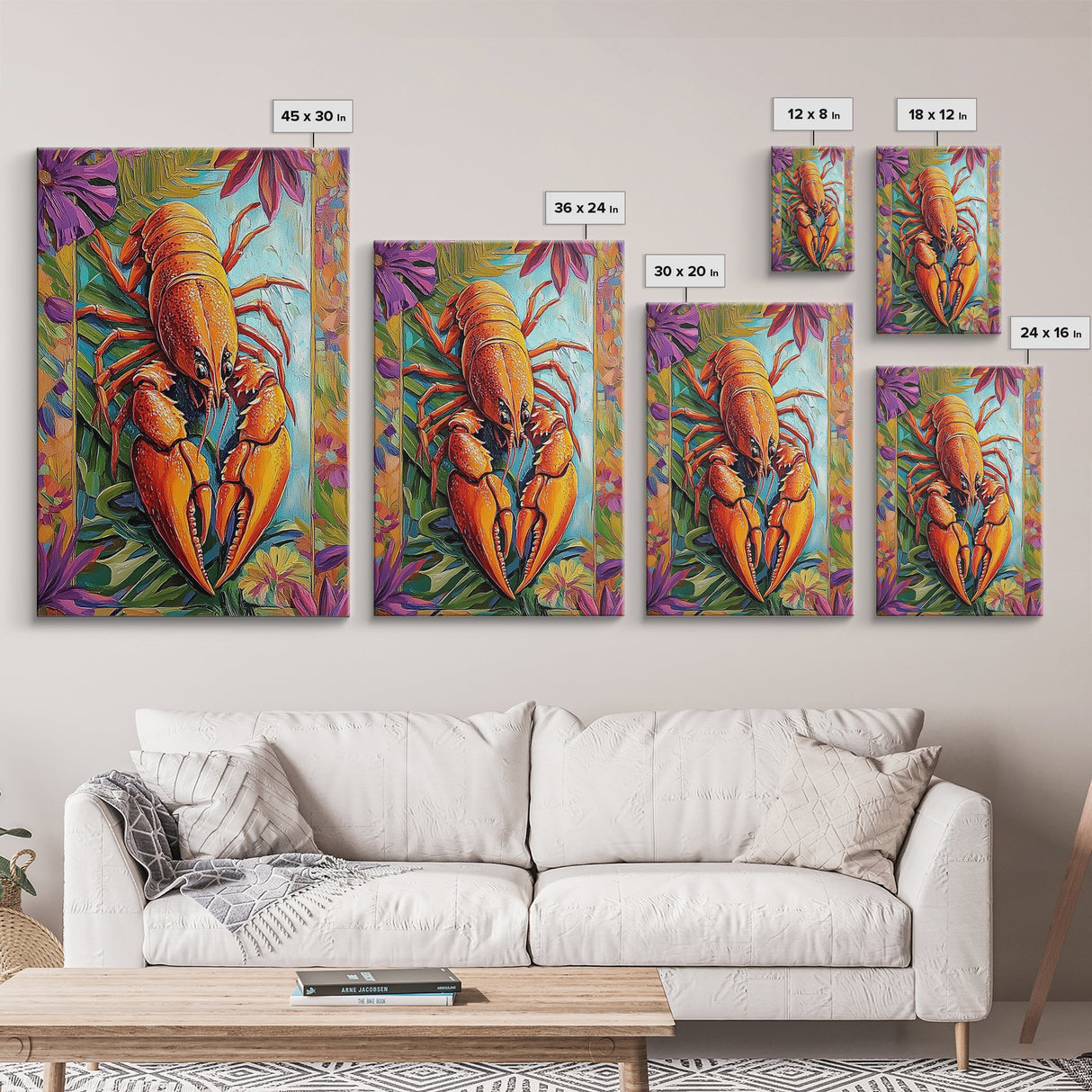 Lobster Coastal, Nautical, Kitchen, Framed Canvas Print, Bold orange lobster art with tropical florals, great coastal kitchen wall art