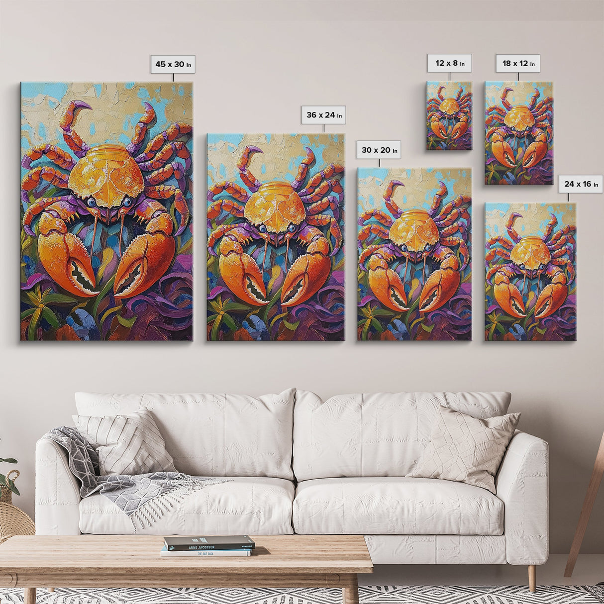 Crab Ocean, Bold, Seafood, Framed Canvas Print, Colorful crab painting with vivid detail, fun nautical art, beach kitchen decor