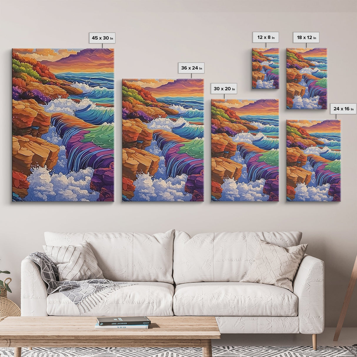 Waterfall Ocean, Rocks, Waves, Canvas Print, Vibrant ocean waterfall over rocky cliffs with colorful waves, ideal coastal living room