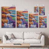 Waterfall Ocean, Rocks, Waves, Canvas Print, Vibrant ocean waterfall over rocky cliffs with colorful waves, ideal coastal living room