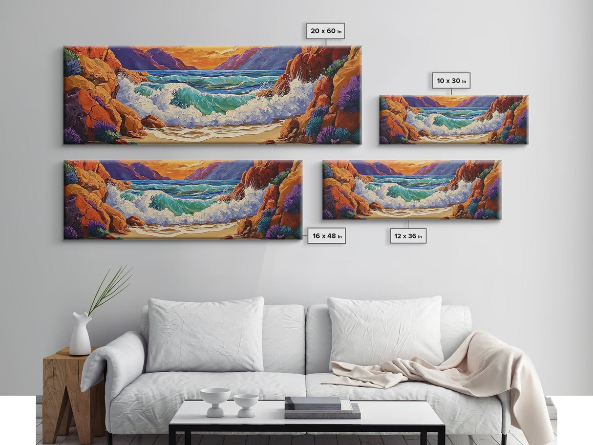 Ocean Wave, Rocky Coast, Vibrant Sunset, Nature Seascape, Framed Canvas Print, Coastal Wall Art, Beach Bathroom Decor, Colorful Seascape Art