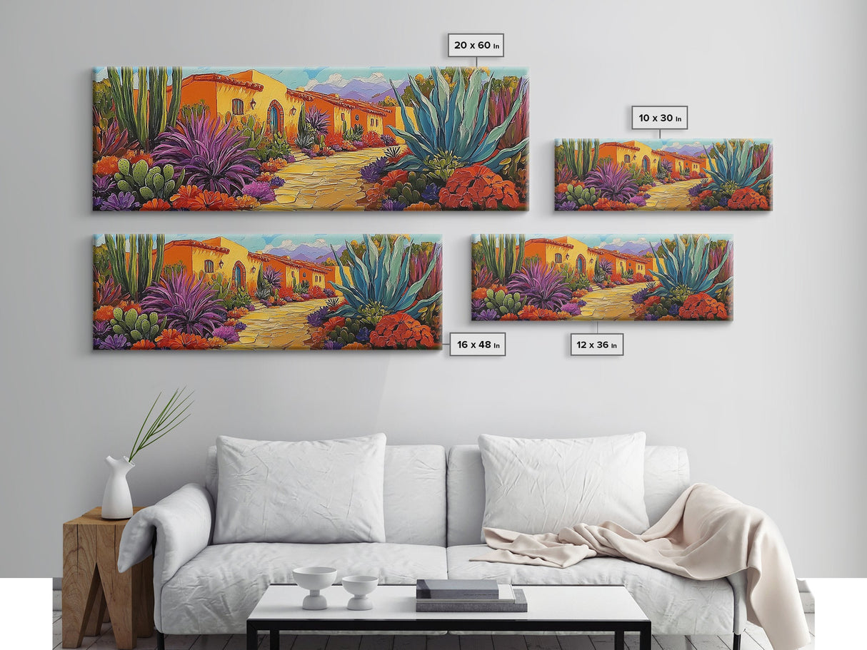 Desert Garden, Adobe Home, Cactus Pathway, Colorful Southwest, Framed Canvas Print, Kitchen Wall Art, Boho Western Decor, Vibrant Desert Scene