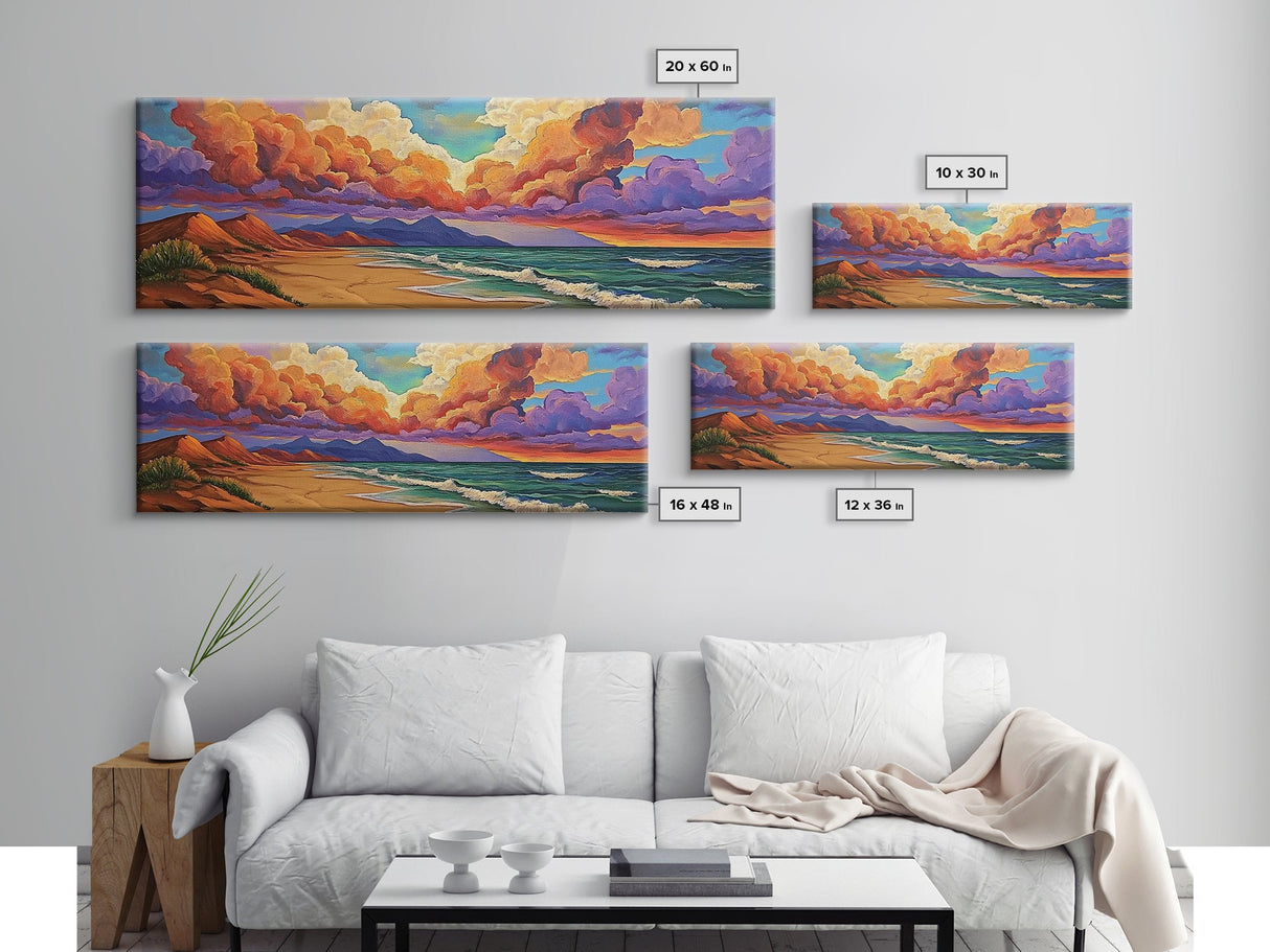 Peaceful Coastal Beach, Colorful Sunset Clouds, Tranquil Ocean Scene, Relaxing Bedroom Wall Art Framed Canvas Print, Bedroom Wall Decor