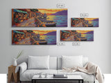Harbor Village Sunset, Vibrant Coastal Town Painting, Mediterranean Art, Kitchen or Hallway Decor Framed Canvas Print, Beach House Wall Art