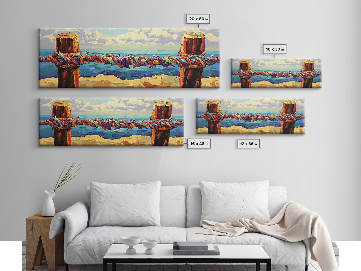 Nautical Rope Painting, Coastal Wall Decor, Canvas Print, Colorful Ocean View, Rustic Beach House Art, Nautical Bathroom Accent