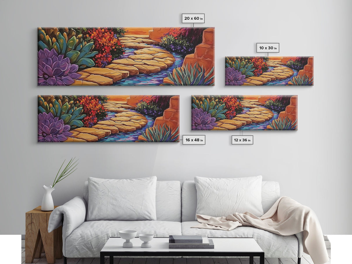 Garden Pathway, Floral Stream Art, Bold Colors, Succulent Garden Style, Framed Canvas Print, Kitchen or Hallway Wall Art