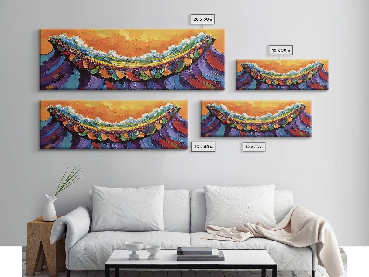 Carnival Wave, Festive Ocean, Playful Waters, Framed Canvas Print, beach bathroom art, coastal fun painting, surf wall decor