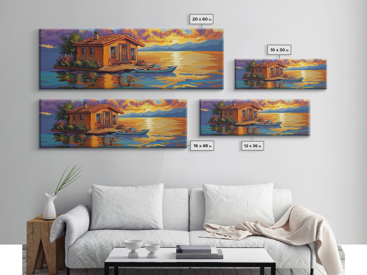 Floating Home, Lake Sunset, Tranquil Retreat, Framed Canvas Print, peaceful wall art, waterfront decor, lakehouse artwork