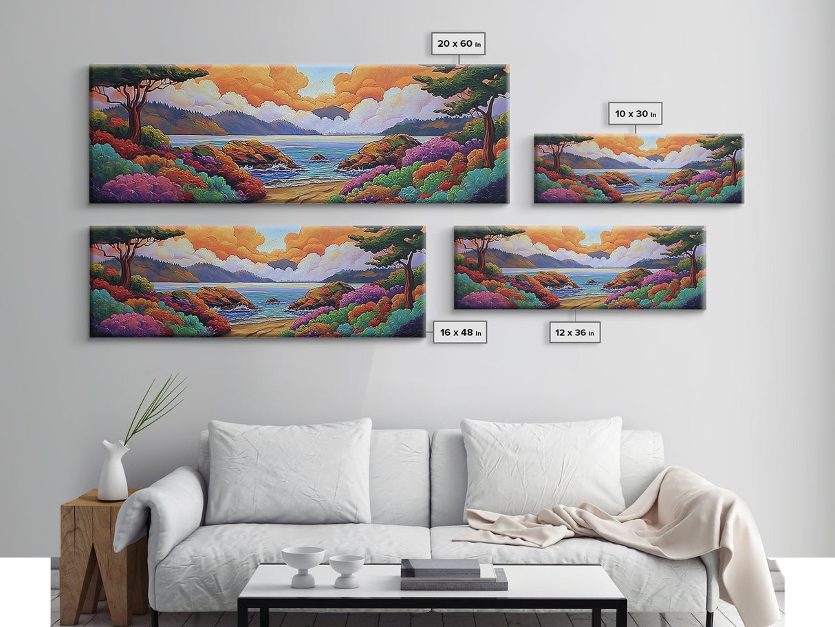 Vibrant Coastal View, Ocean Sunset Landscape, Floral Beach Scene, Framed Canvas Print, Colorful Wall Art, Tropical Living Room