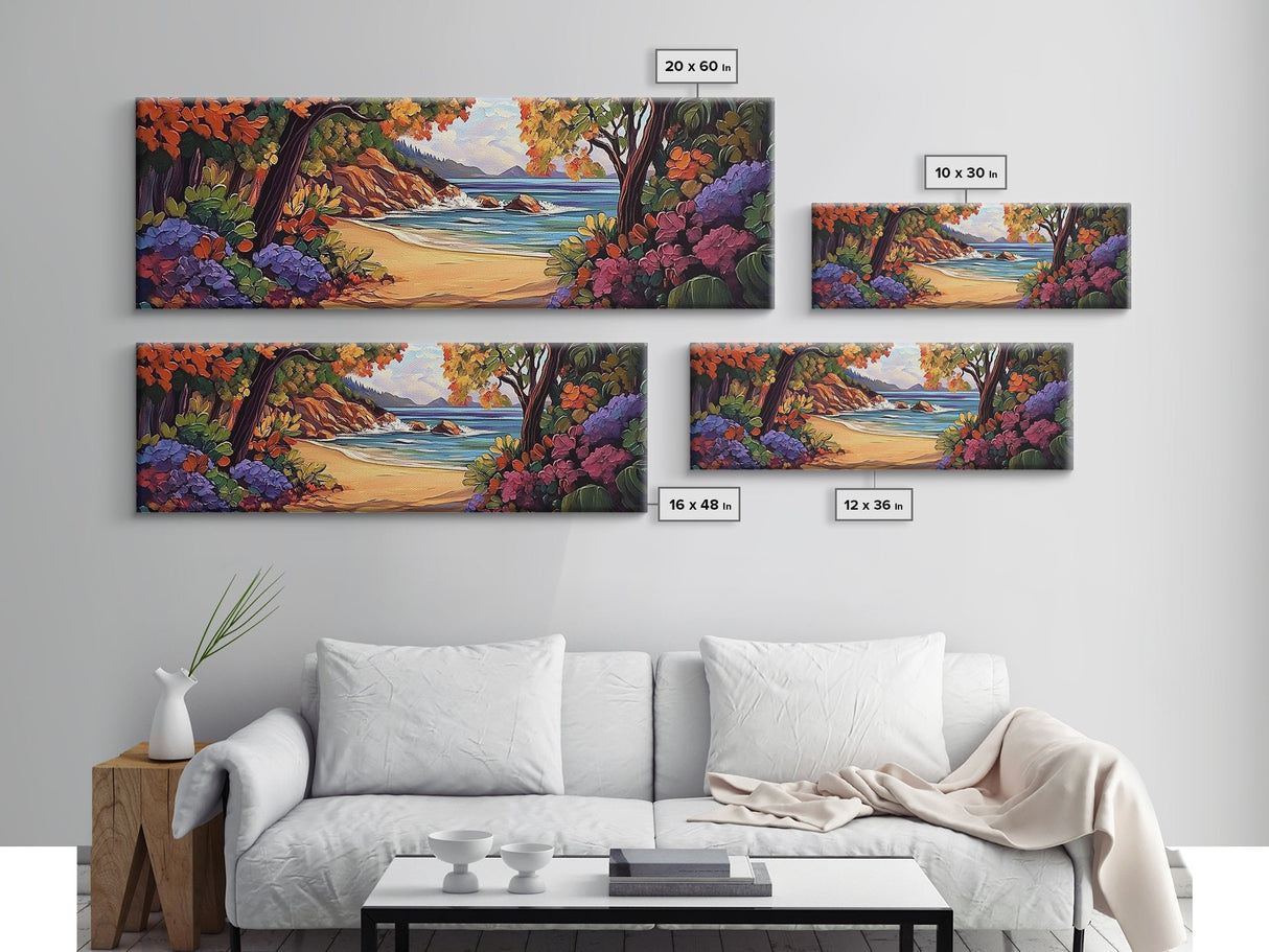 Secluded Beach Painting, Colorful Coastal Trees, Tropical Shoreline View, Framed Canvas Print, Relaxing Bathroom Art, Boho Bedroom