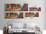 Coastal Village Street, Colorful Adobe Homes, Mediterranean Scene, Framed Canvas Print, Kitchen Wall Art, Rustic Living Room Decor