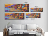 Seaside Village Sunset, Colorful Coastal Homes, Vibrant Ocean View, Framed Canvas Print, Beach House Decor, Bohemian Art