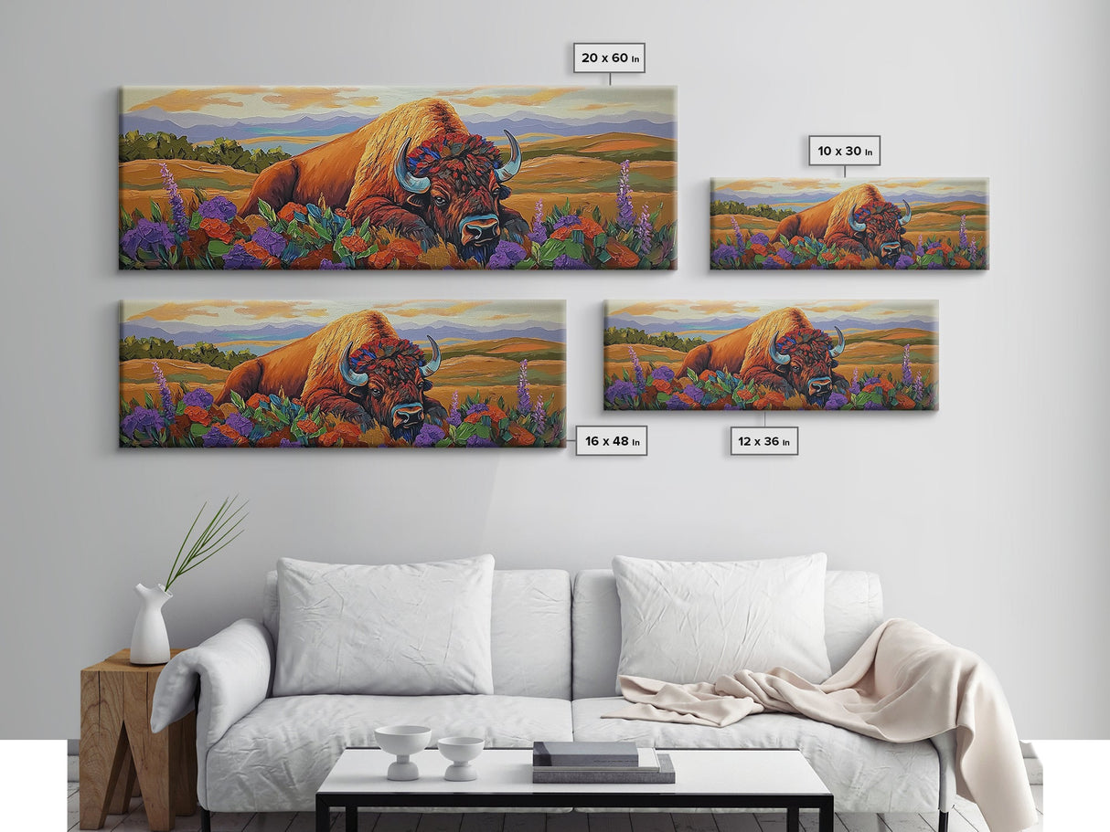 Resting Bison, Sunset Plains, Prairie Wildflowers, Framed Canvas Print, Autumn Decor, Western Wall Art, Cabin Living Room Accent