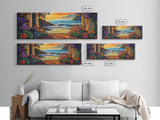 Ocean Escape, Sunset Garden, Floral Coastal Scene, Mediterranean Vibes, Framed Canvas Print, Kitchen Wall Art, Bold Color Artwork
