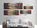 Waterfall Cove, Sunset Seascape, Tropical Paradise, Nature Retreat, Framed Canvas Print, Bathroom Wall Art, Vibrant Coastal Art