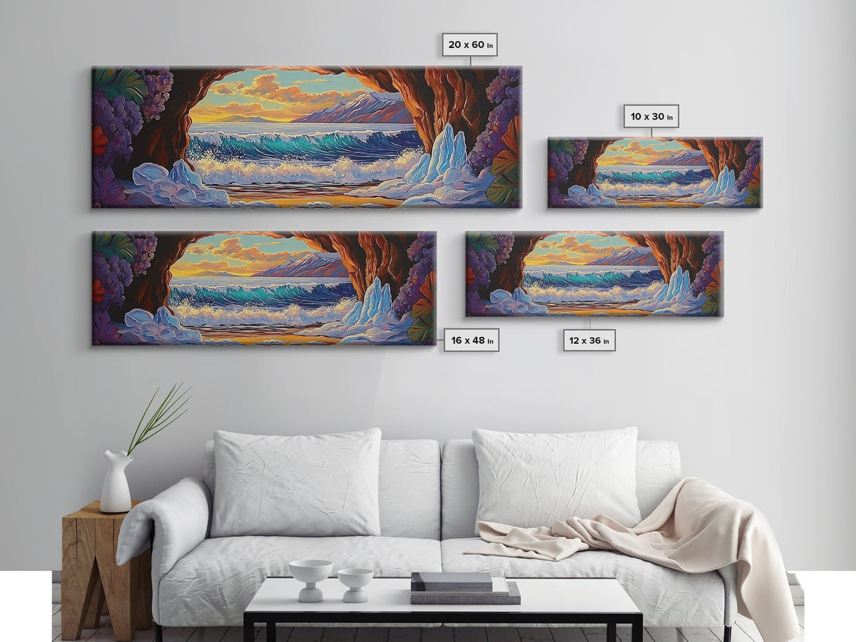 Arctic Ocean Cave, Winter Seascape, Vibrant Ice Waves, Framed Canvas Print, Seasonal Wall Art, Coastal Fantasy Decor