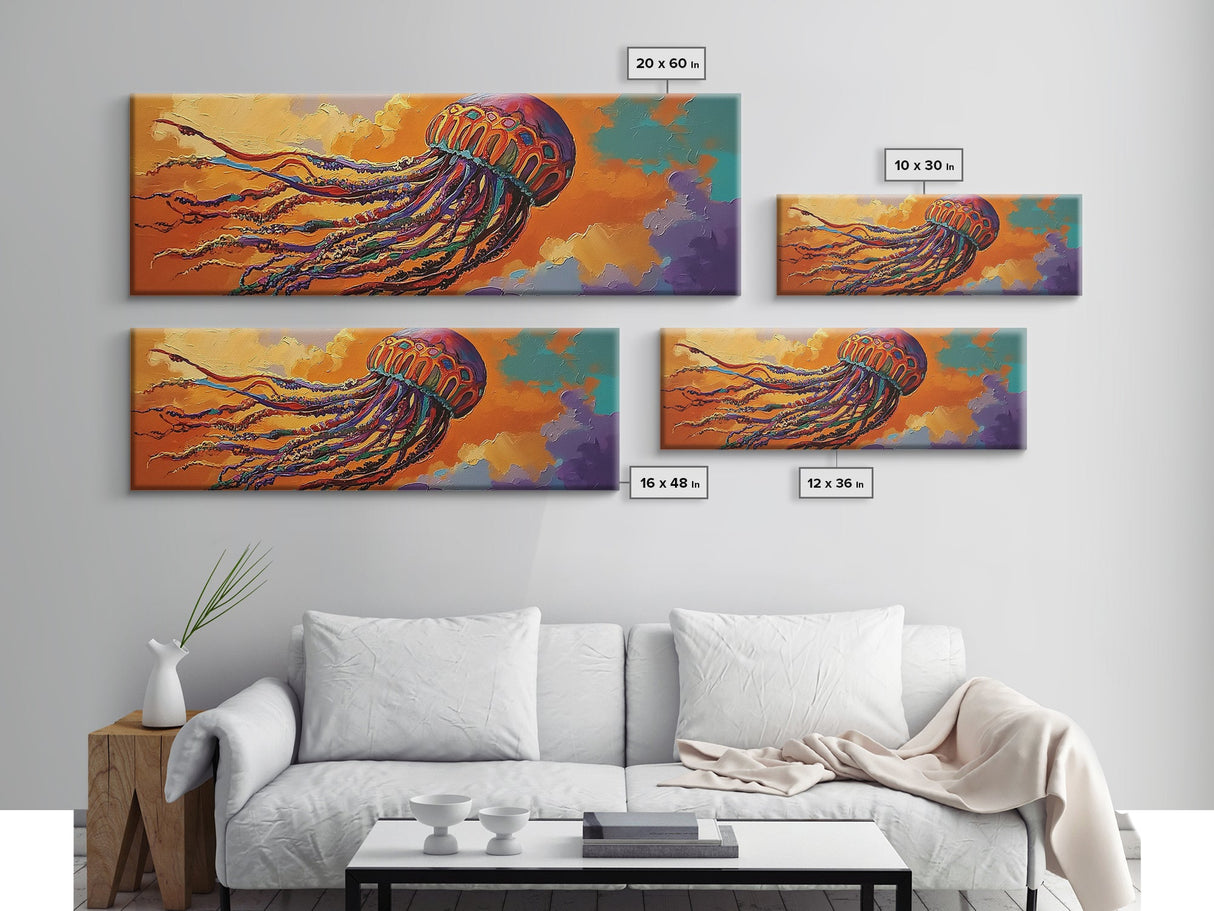 Vibrant Jellyfish, Ocean Creature, Sunset Sky, Living Room Decor, Framed Canvas Print, Coastal Wall Art, Bright Colorful Boho Art