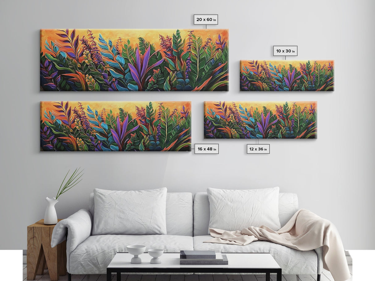 Tropical Leaves, Jungle Garden, Sunset Foliage, Kitchen Decor, Canvas Print, Bright Botanical Art, Vibrant Plant Wall Art
