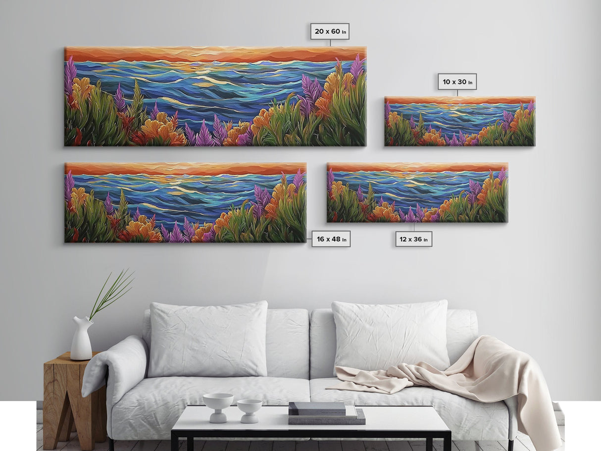 Ocean Horizon, Sunset Sea, Flower Garden, Nature Escape, Canvas Print, Beach House Decor, Tropical Seascape Wall Art