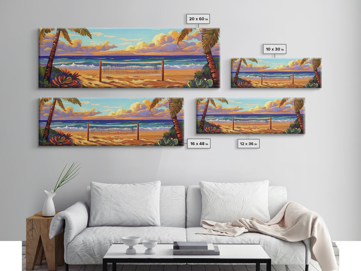 Beach Sunset, Palm Trees, Volleyball Net, Tropical Decor, Framed Canvas Print, Coastal Wall Art, Boho Beach Vibes, Game Room Art
