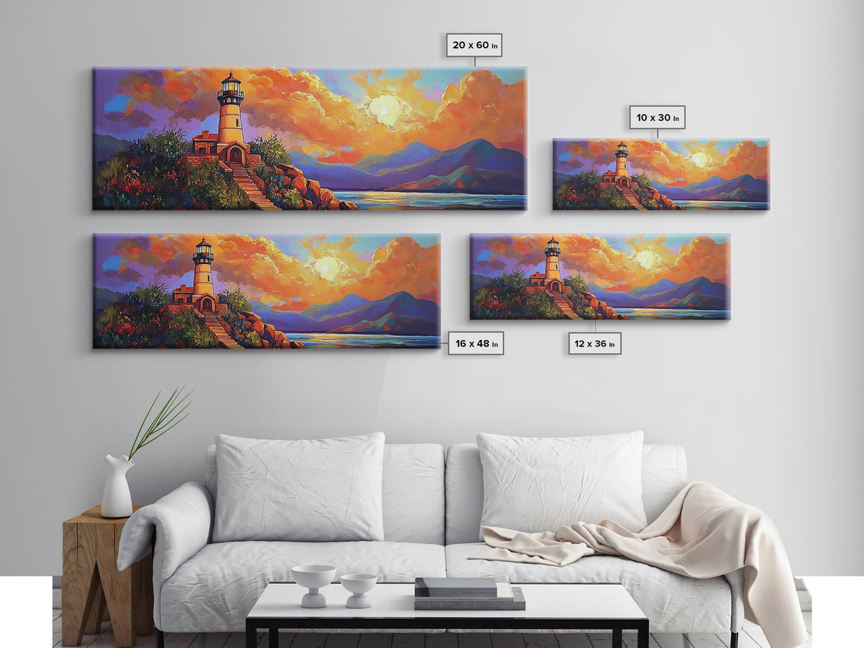 Lighthouse Sunset, Coastal Path, Mountain Horizon, Framed Canvas Print, nautical wall art, romantic sunset, boho living room decor