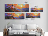 Lighthouse Sunset, Coastal Path, Mountain Horizon, Framed Canvas Print, nautical wall art, romantic sunset, boho living room decor