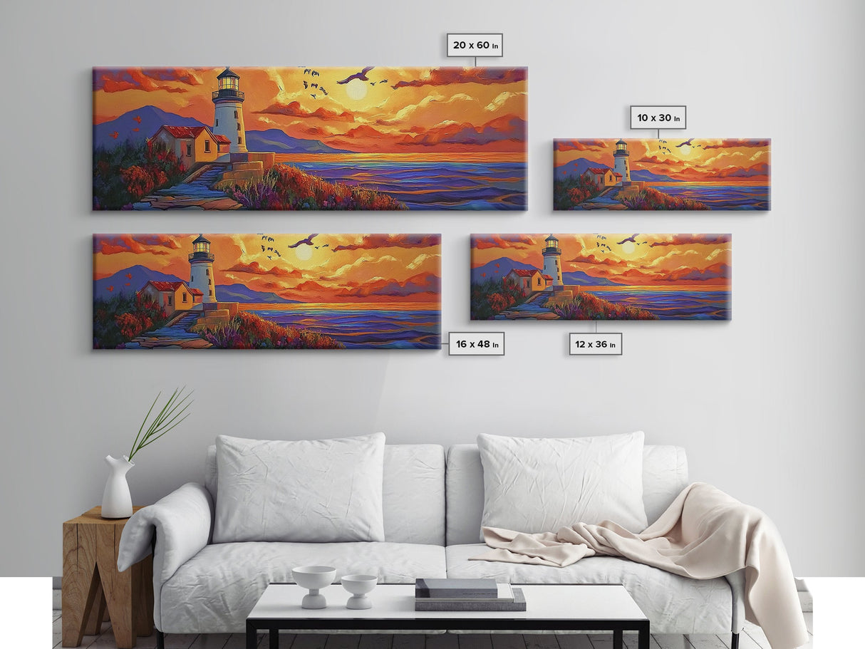 Seaside Lighthouse View, Sunset Birds, Coastal Dream, Framed Canvas Print, ocean wall art, rustic beach decor, entryway statement piece