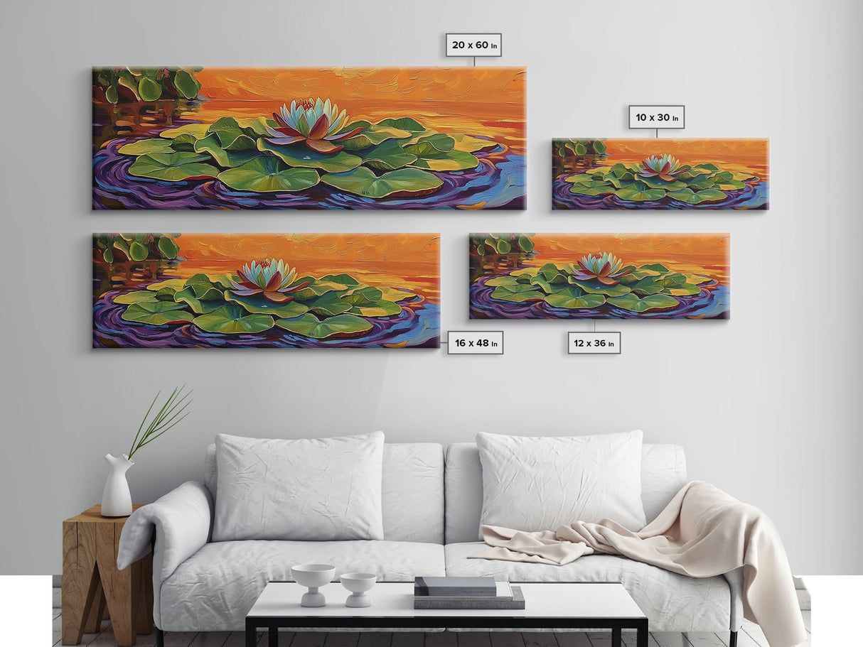 Lotus Flower, Serene Sunset, Water Lily, Zen Art, Framed Canvas Print, spa wall decor, yoga room art, calming peaceful painting