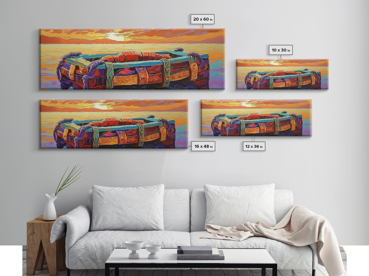 Sunset Raft, Ocean Stillness, Island Mood, Coastal Glow, Canvas Print, bathroom wall art, tropical nautical art, warm beach colors