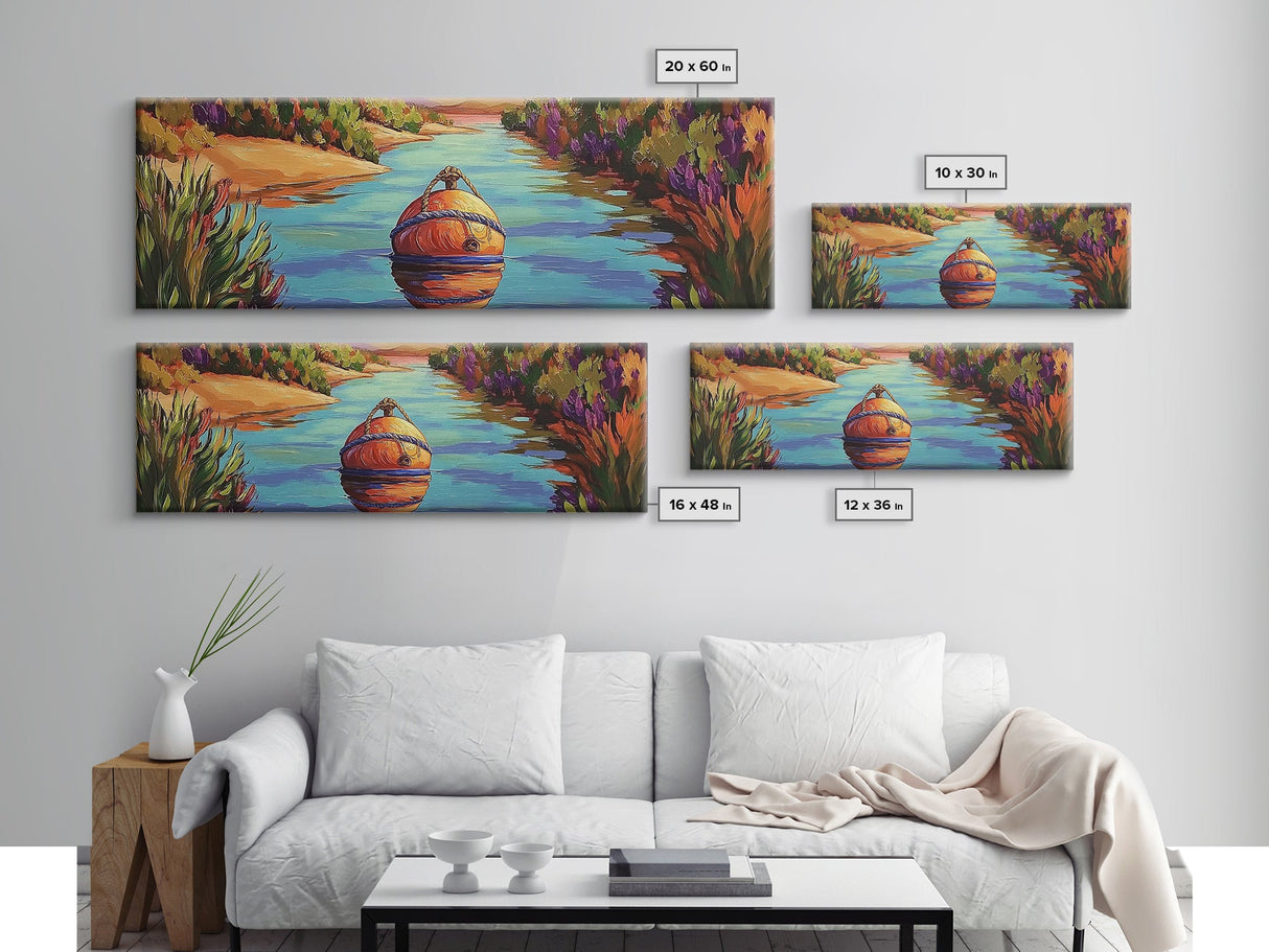 Buoy Painting, River Calm, Coastal Reflection, Peaceful Dock, Canvas Print, lake cabin art, nautical wall decor, colorful waterway scene