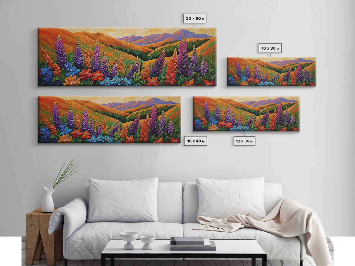 Wildflower Valley View, Bright Floral Mountain Art, Nature Inspired Painting, Framed Canvas Print, Kitchen or Bedroom Wall Decor