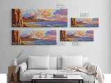 Sunset Beach View, Coastal Mountain Landscape, Peaceful Ocean Wall Art, Framed Canvas Print, Boho Bedroom or Living Room Decor