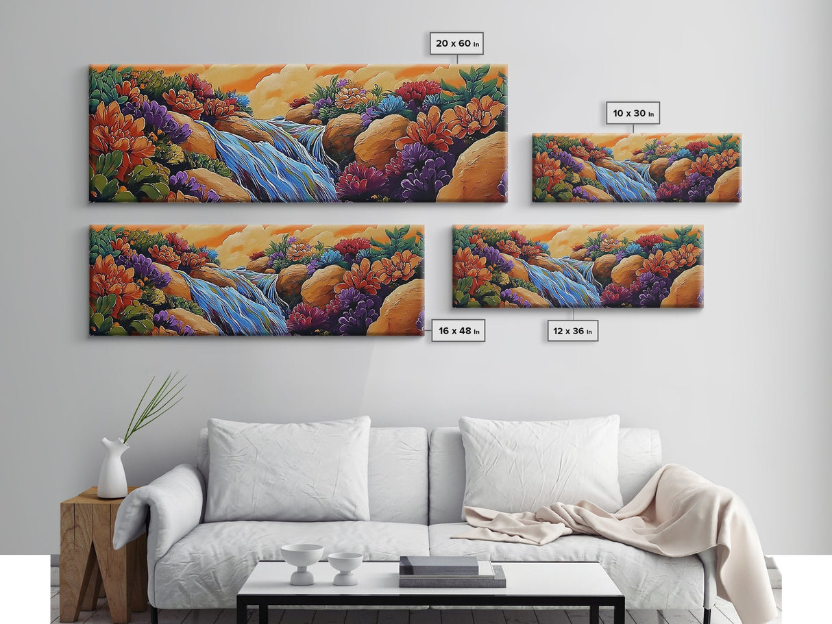 Waterfall Garden Scene, Colorful Floral Cascade, Fantasy Nature Artwork, Framed Canvas Print, Vibrant Bathroom or Entryway Art